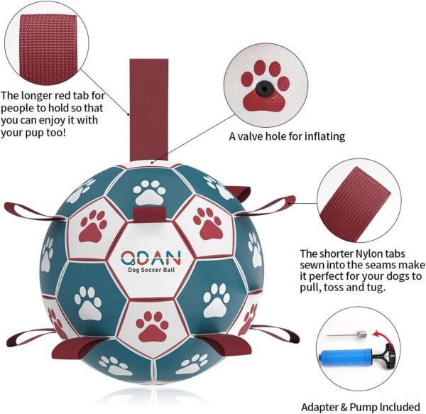 QDAN Dog Toys Soccer Ball with Straps, Interactive Toys for Tug of War, Puppy Birthday Toy, Dog Water Toy, Dog Balls for Small Medium Dog (6 Inch)