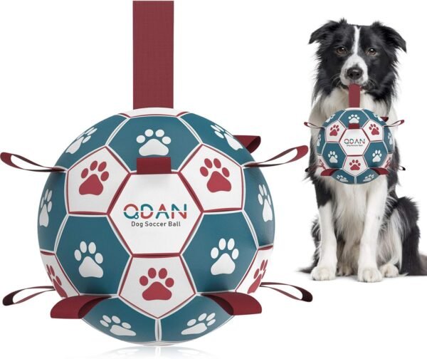 QDAN Dog Toys Soccer Ball with Straps, Interactive Toys for Tug of War, Puppy Birthday Toy, Dog Water Toy, Dog Balls for Small Medium Dog (6 Inch)