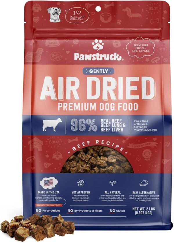 Pawstruck All Natural Air Dried Dog Food with Real Beef, Grain-Free, Made in USA, Non-GMO & Vet Recommended, High Protein Limited Ingredient Full-Feed for All Breeds & Ages, 2lb Bag