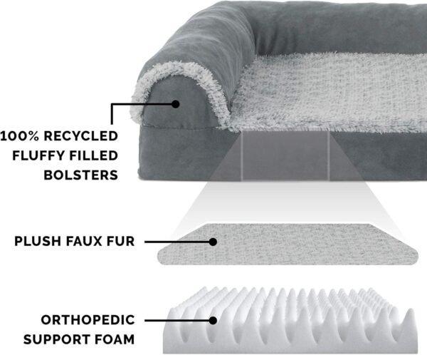 Furhaven Orthopedic Dog Bed for Large Dogs w/ Removable Bolsters & Washable Cover, For Dogs Up to 95 lbs - Two-Tone Plush Faux Fur & Suede L Shaped Chaise - Stone Gray, Jumbo/XL