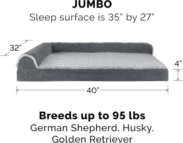 Furhaven Orthopedic Dog Bed for Large Dogs w/ Removable Bolsters & Washable Cover, For Dogs Up to 95 lbs - Two-Tone Plush Faux Fur & Suede L Shaped Chaise - Stone Gray, Jumbo/XL