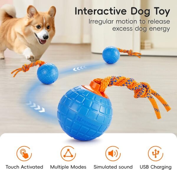 Potaroma Interactive Dog Ball Toys Touch Activated, Rechargeable Animal Sound Dog Toy, Durable Moving Ball for Pup with Chewing Rope for Dogs Puppy, Blue