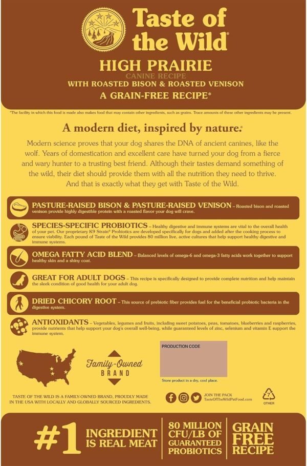 Taste of the Wild High Prairie Canine Grain-Free Recipe with Roasted Bison and Venison Adult Dry Dog Food, Made with High Protein from Real Meat and Guaranteed Nutrients and Probiotics 28lb