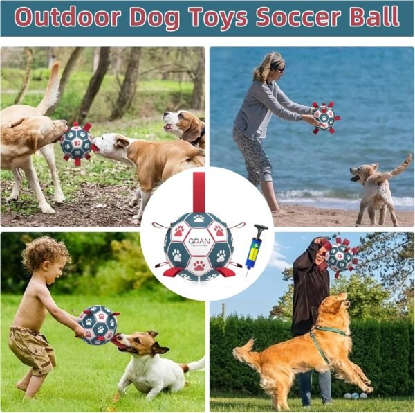 QDAN Dog Toys Soccer Ball with Straps, Interactive Toys for Tug of War, Puppy Birthday Toy, Dog Water Toy, Dog Balls for Small Medium Dog (6 Inch)