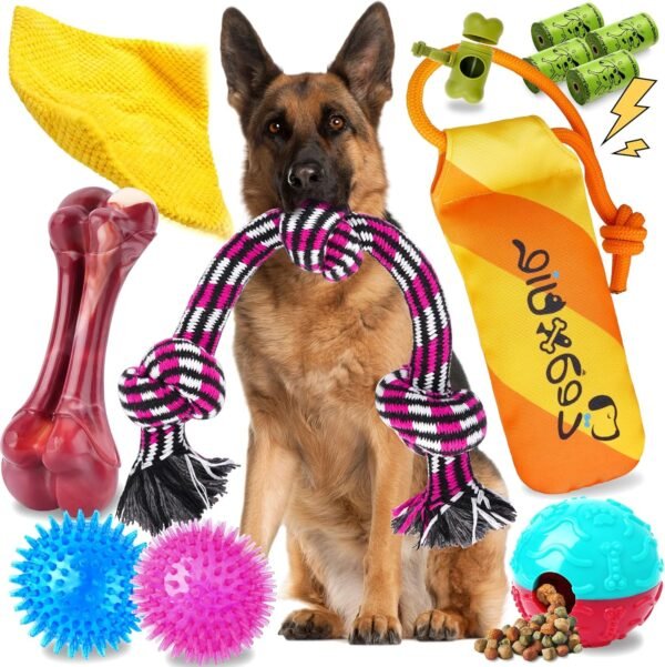 Zeaxuie 12 Pack Heavy Duty Various Dog Chew Toys Pack for Aggressive Chewers - Includes Large Rope Toys, Squeaky Toys & Indestructible Chew Bone for Medium, Large & X-Large Breeds Dogs