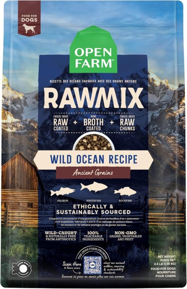 Open Farm RawMix Ancient Grains Wild-Ocean Recipe for Dogs, Includes Kibble, Bone Broth, and Freeze Dried Raw, Inspired by The Wild, Humanely Raised Protein and Non-GMO Fruits and Veggies, 3.5 lb