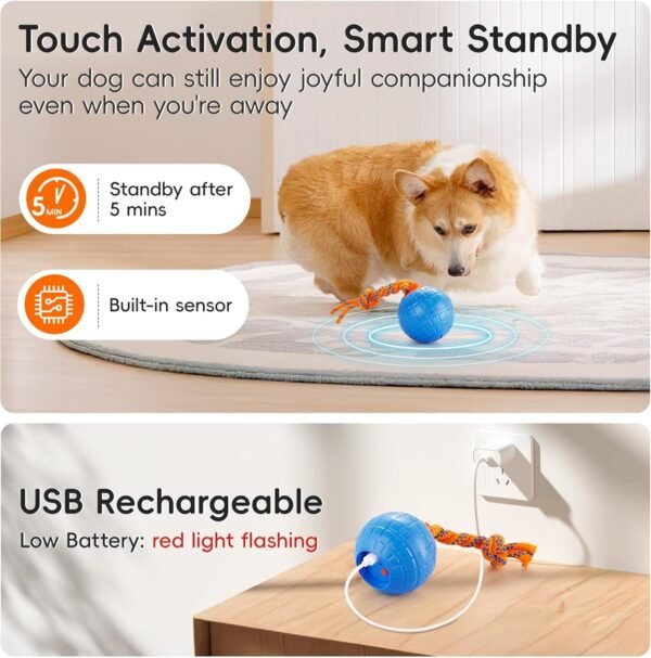 Potaroma Interactive Dog Ball Toys Touch Activated, Rechargeable Animal Sound Dog Toy, Durable Moving Ball for Pup with Chewing Rope for Dogs Puppy, Blue