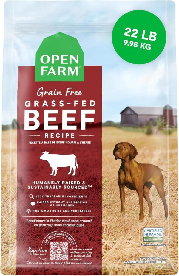 Open Farm, Grain-Free Dry Dog Food, Complete & Balanced Kibble, Sustainably & Ethically Sourced Ingredients, Non-GMO Veggies & Superfoods to Support Overall Health, Grass-Fed Beef Recipe, 22lb Bag