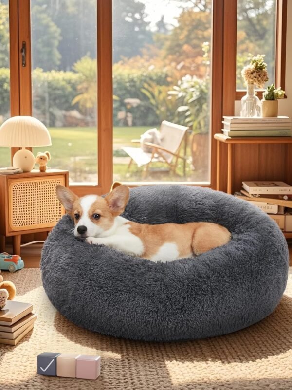 OhGeni Calming Donut Dog Bed Pillow for Small Medium Pets, Machine Washable Removable Cover, Comfort Plush Fluffy Faux Fur with Anti-Slip Bottom, Cats-Friendly Round Cuddly Design, Gray, 23 inches