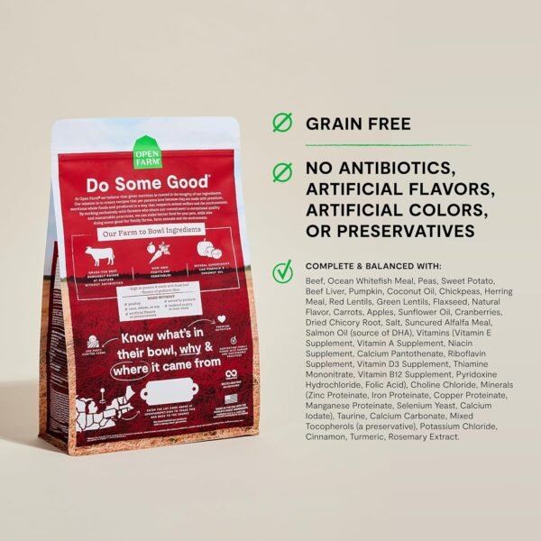 Open Farm, Grain-Free Dry Dog Food, Complete & Balanced Kibble, Sustainably & Ethically Sourced Ingredients, Non-GMO Veggies & Superfoods to Support Overall Health, Grass-Fed Beef Recipe, 22lb Bag