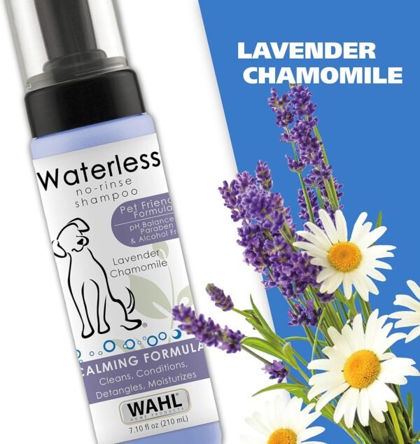 Wahl USA Pet Friendly Waterless No Rinse Shampoo for Animals – Lavender & Chamomile for Cleaning, Conditioning, Detangling, & Moisturizing Dogs & Cats – 7.1 Oz - Model 820014A