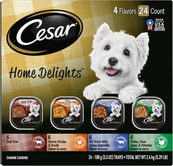 CESAR HOME DELIGHTS Wet Dog Food Pot Roast & Vegetable, Beef Stew, Turkey Potato & Green Bean, and Hearth Chicken & Noodle Variety Pack, (24) 3.5 oz. Easy Peel Trays