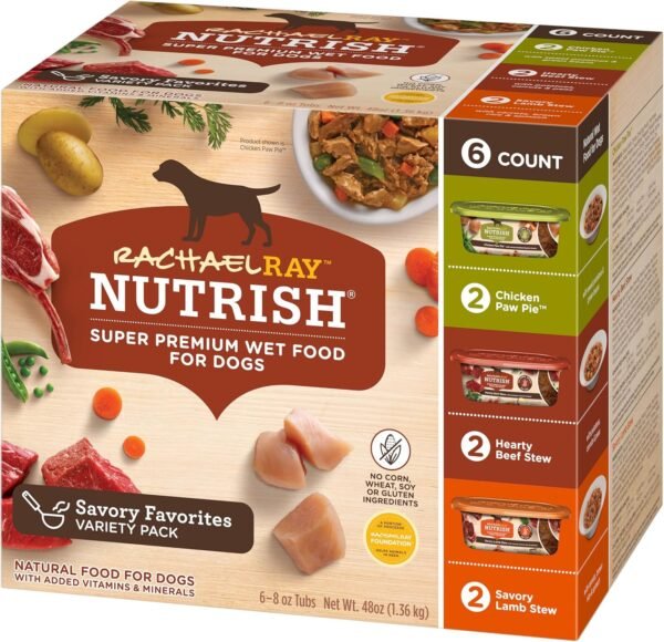 Rachael Ray Nutrish Natural Premium Wet Dog Food, Savory Favorites Variety Pack, 8 Ounce Tub (Pack of 6) (6303230800)